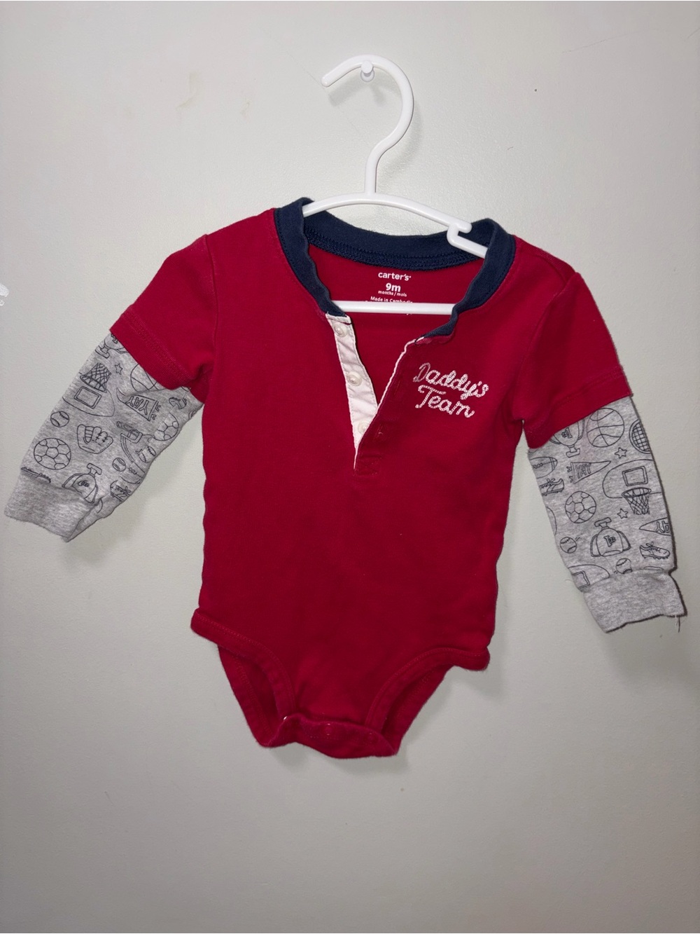 Carters Red Gray Long Sleeve Body Suit Daddy’s Team Sports Boys 9M